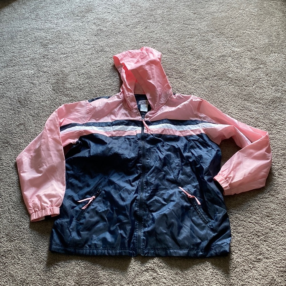 CXT Classic Pink Navy Hooded Full Zip Windbreaker Jacket SIZE L Lightweight